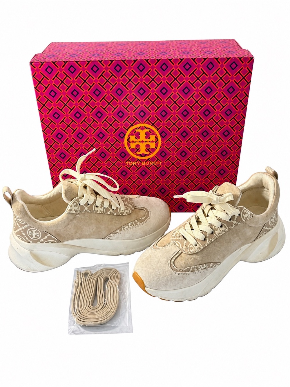 Women’s Tory Burch T Monogram Good Luck Trainers Beige Sneakers + Box size 9